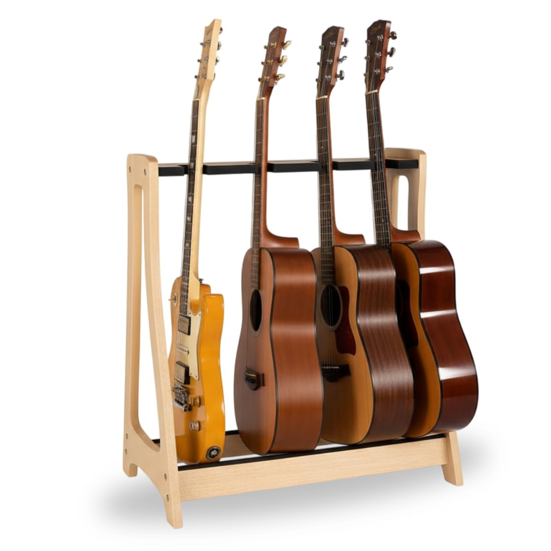 Guitar Rack for Multiple Guitars Portable Thicken Plywood Wooden String Instrument Holder with Soft Leather Edges for Acoustic Classical and Bass Guitars | 4-Guitar Holder