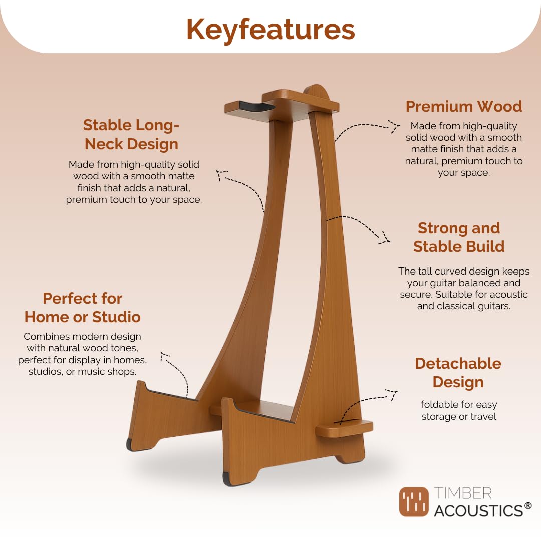 Wooden Long Neck Guitar Stand with Felt Edges for Acoustic Classical Bass Guitars