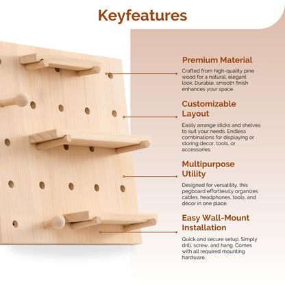 Wooden Multipurpose Pegboard Wall Organizer with Modular Pine Wood Design and Customizable Layout