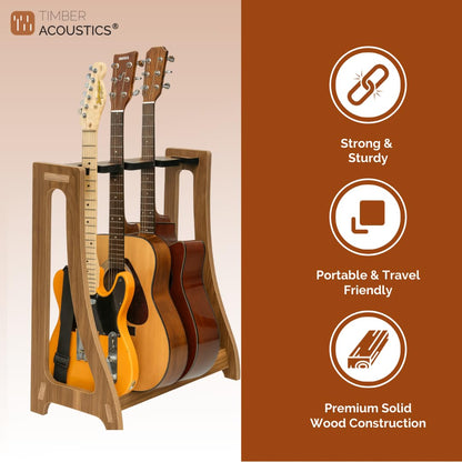 Guitar Rack for Multiple Guitars Portable Thicken Plywood Wooden String Instrument Holder with Soft Leather Edges for Acoustic Classical and Bass Guitars | 4-Guitar Holder
