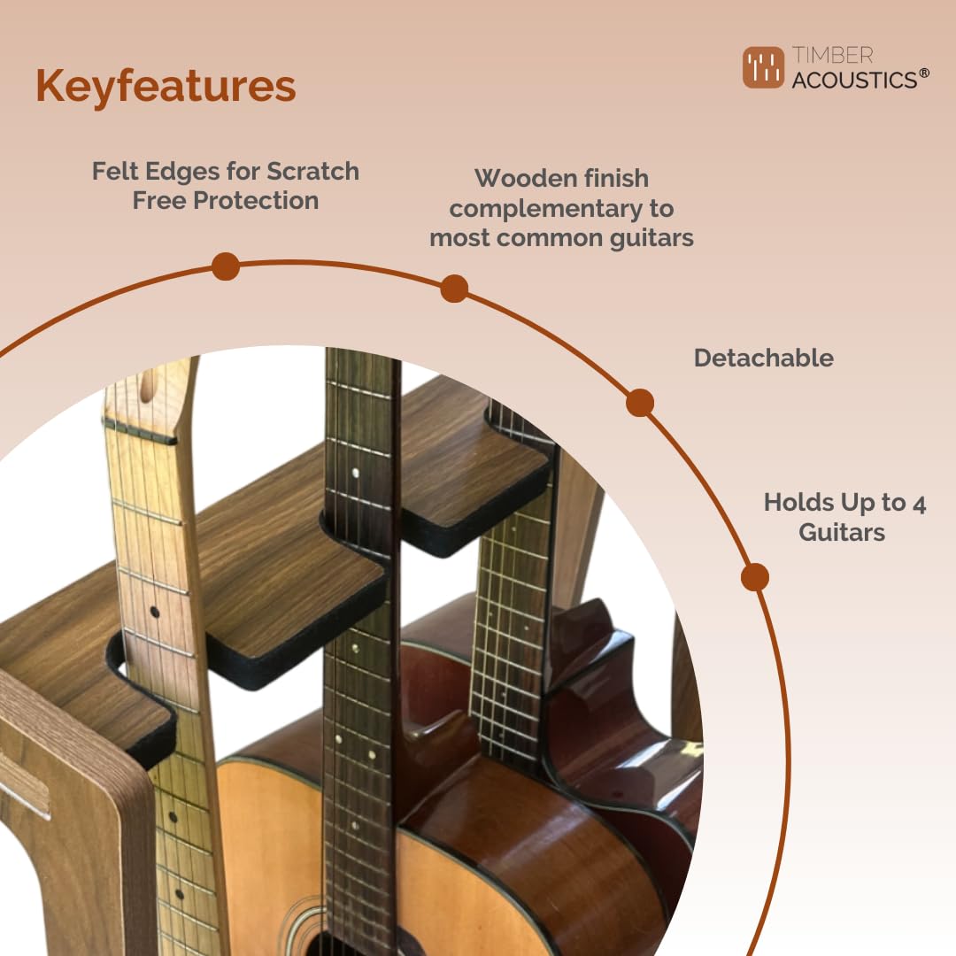Guitar Rack for Multiple Guitars Portable Thicken Plywood Wooden String Instrument Holder with Soft Leather Edges for Acoustic Classical and Bass Guitars | 4-Guitar Holder